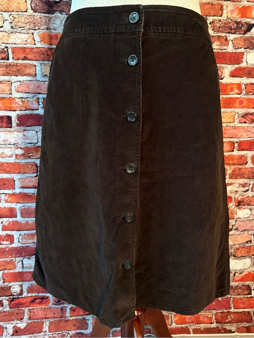 Lands' End Dark Brown Button-Front A-Line Corduroy Skirt Pockets Size 12